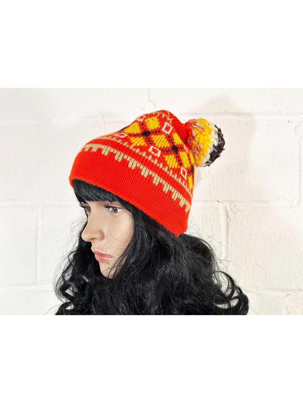 Vintage Fair Isle Winter Hat Wool Wigwam Orange Knit Beanie Pom 1970s 1980s